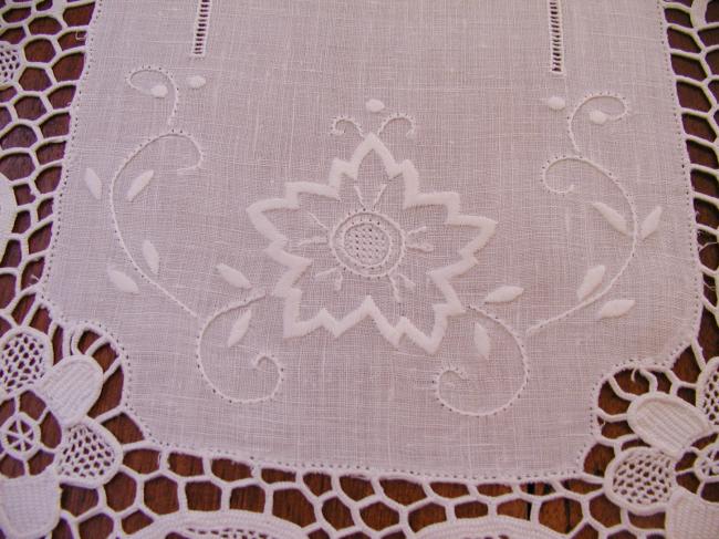Lovely table runner with open and white embroidery and Venezia lace