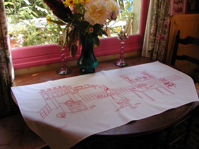 Lovely panel with an embroidered scene of a antique  french kitchen, red & white