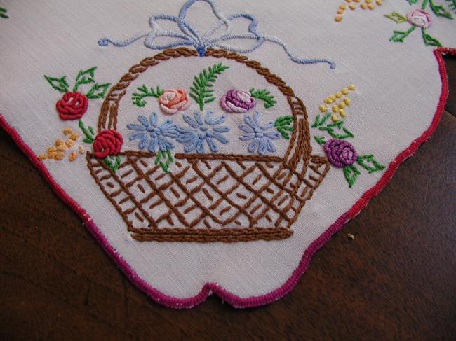 Gorgeous table centre with lovely embroidered baskets of flowers