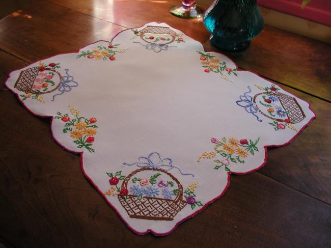 Gorgeous table centre with lovely embroidered baskets of flowers