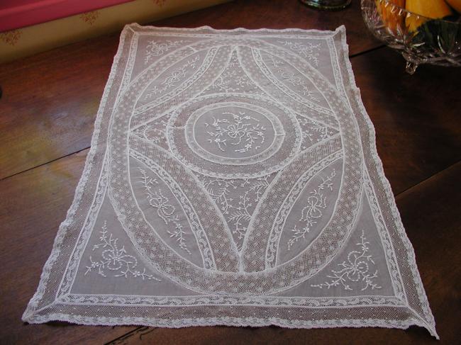 Lovely table runner in  'fond de bonnet' and patchworks of Valenciennes lace