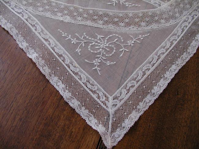 Lovely table runner in  'fond de bonnet' and patchworks of Valenciennes lace