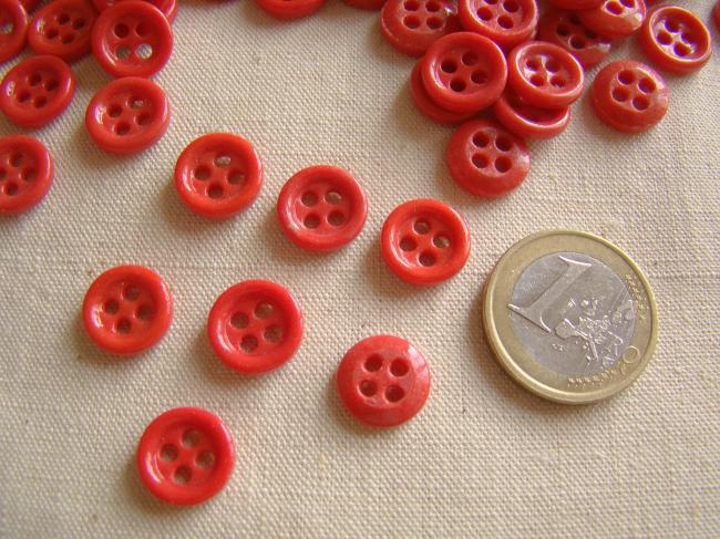 Lot de 12 anciens petits boutons en pâte de verre, rouge, 4 trous, 12mm