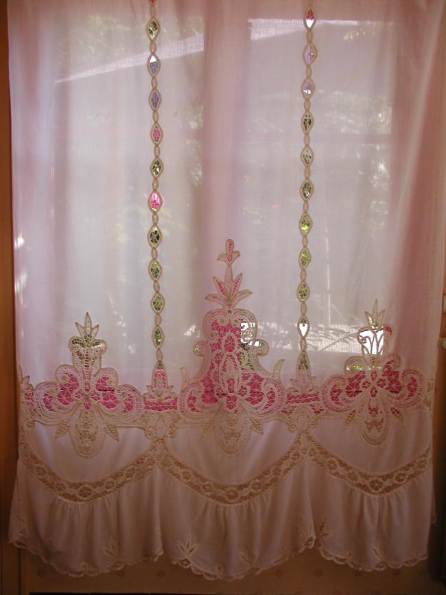 Wonderful curtain in cotton veil with superb Battenburg lace inserts 1900