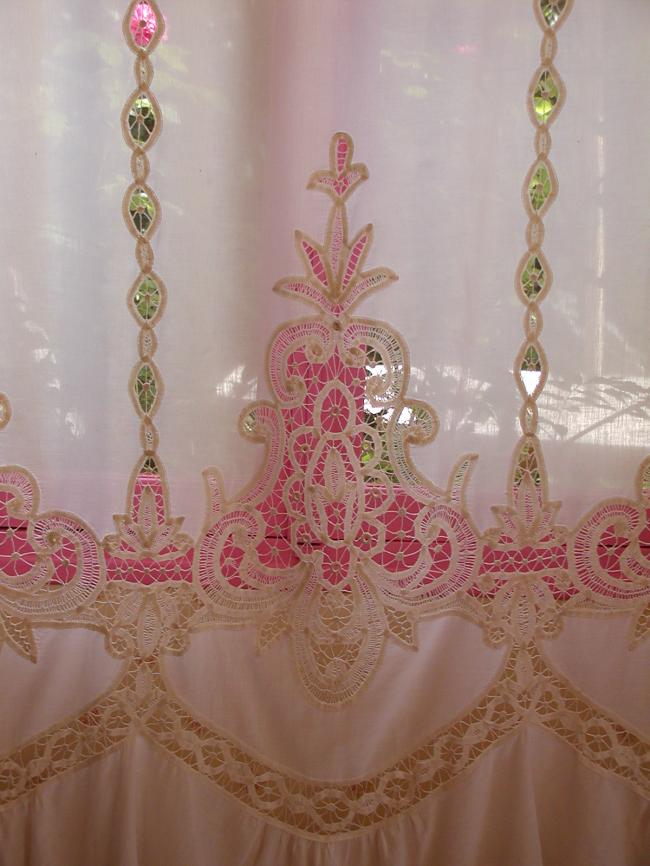 Wonderful curtain in cotton veil with superb Battenburg lace inserts 1900