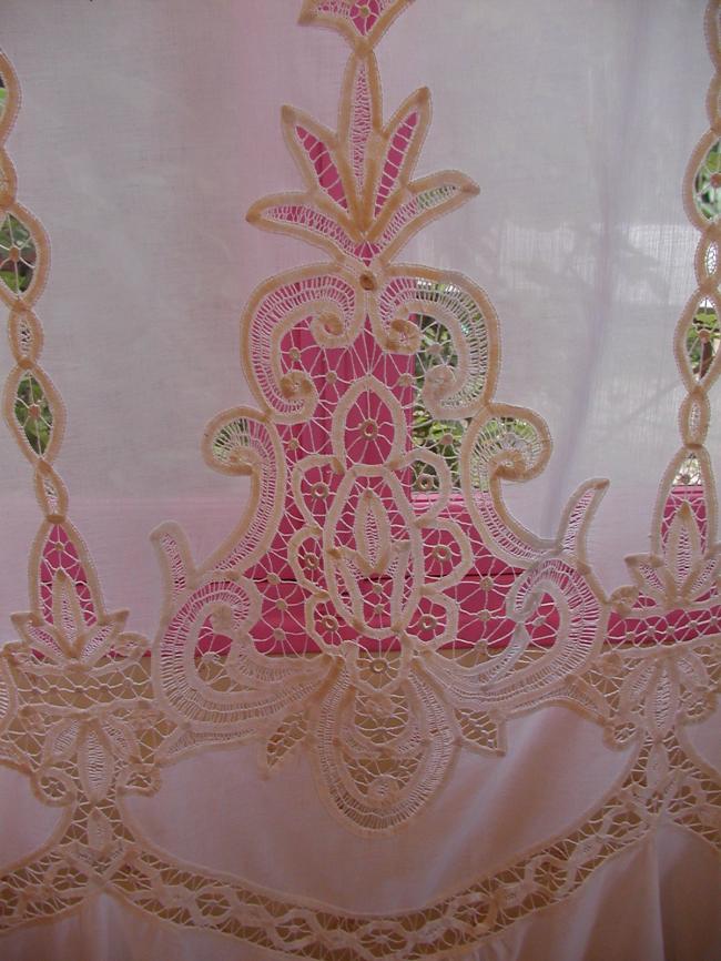 Wonderful curtain in cotton veil with superb Battenburg lace inserts 1900