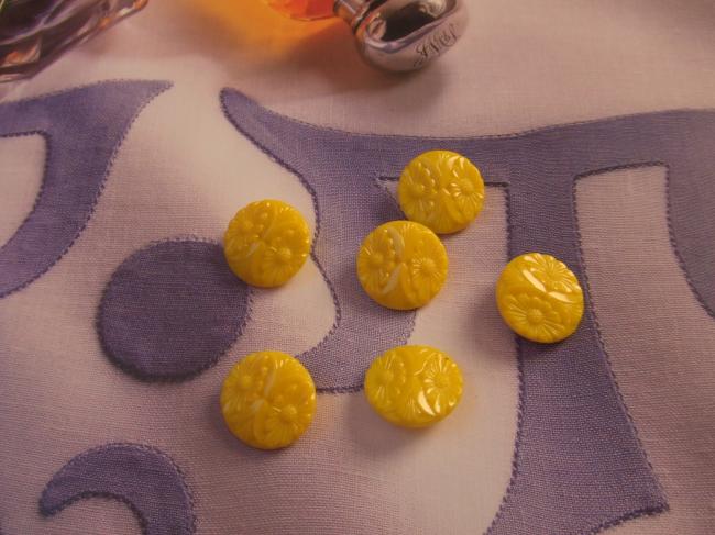 Superbe série de 6 boutons jaunes en verre moulé de marguerites  1950