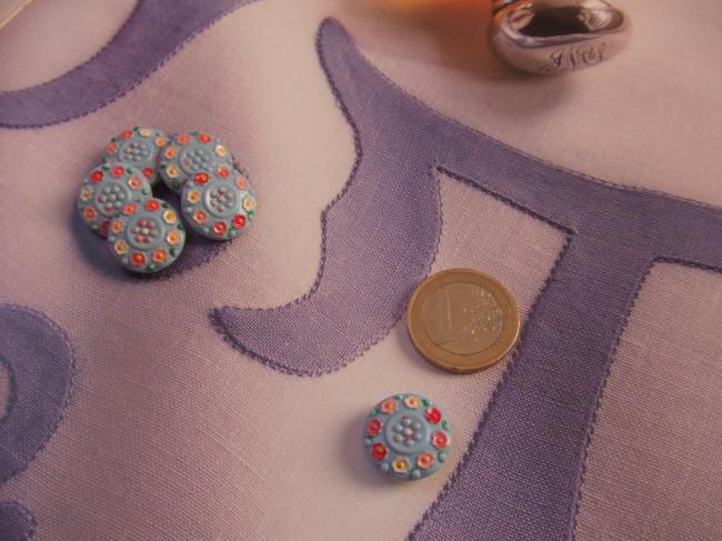 Très romantique série de 6 boutons bleus peints de petites fleurs 1950