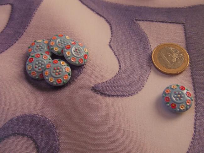 Très romantique série de 6 boutons bleus peints de petites fleurs 1950