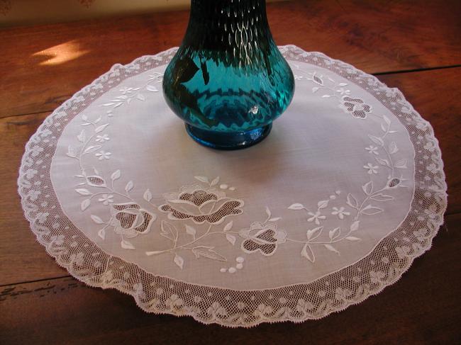 Marvellous table centre in lawn with silk embroidery of roses, Valenciennes lace