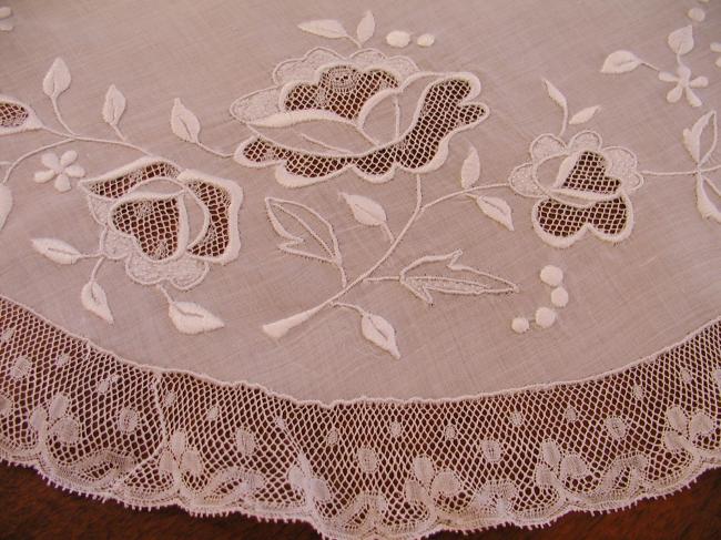 Marvellous table centre in lawn with silk embroidery of roses, Valenciennes lace