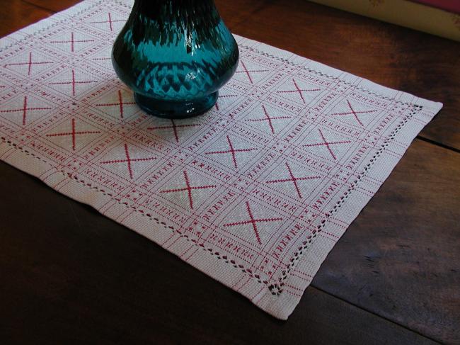 Superb trolley mat in jacquard with cross stitches red and white 1900