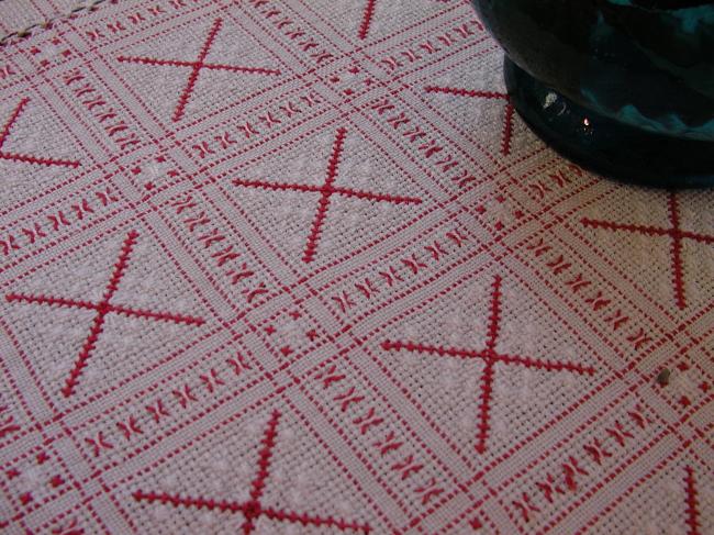 Superb trolley mat in jacquard with cross stitches red and white 1900
