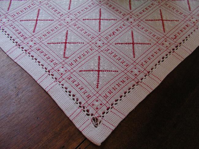 Superb trolley mat in jacquard with cross stitches red and white 1900