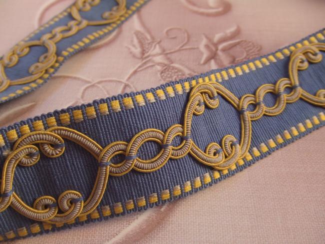 Magnifique galon passementerie de luxe, style Empire, jaune et bleu, 5mètres