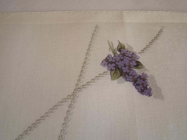Original mouchoir en linon de Suisse, imprimé d'une montre gousset et violettes