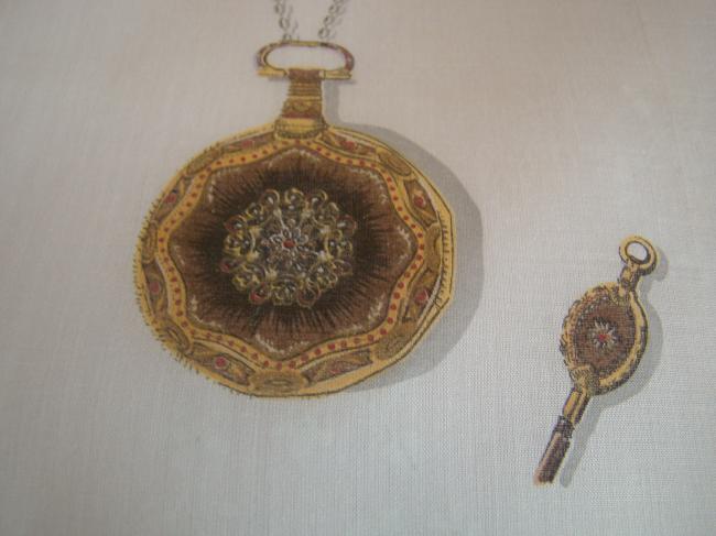 Original mouchoir en linon de Suisse, imprimé d'une montre gousset et violettes