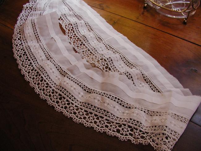 Superb bottom border of pettycoat, handmade white embroidery and Cluny lace