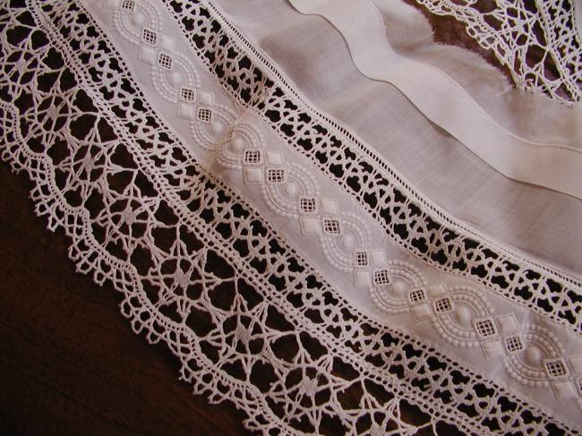 Superb bottom border of pettycoat, handmade white embroidery and Cluny lace