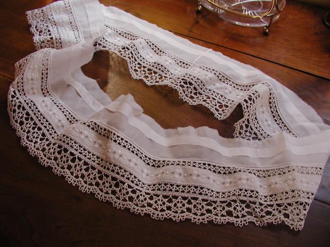 Superb bottom border of pettycoat, handmade white embroidery and Cluny lace