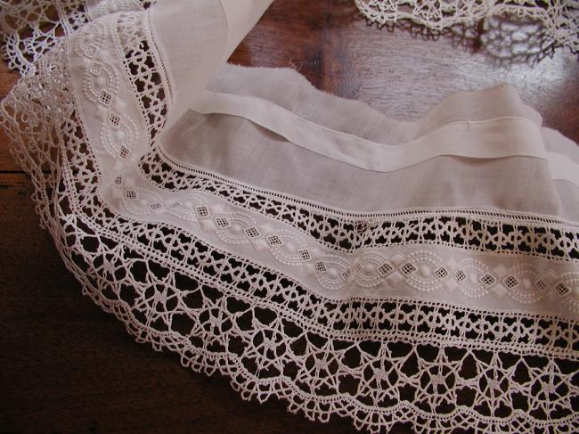 Superb bottom border of pettycoat, handmade white embroidery and Cluny lace