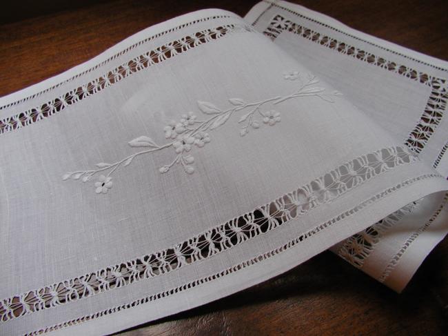 So sweet little runner for buffet with white embroidery and drawn thread works