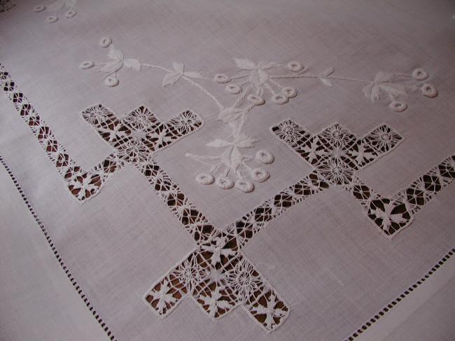 Superb tablecloth with drawn thread and raised white works, circa 1900