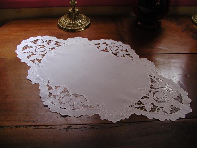 So fine and pretty table centre in cambric of linen with Richelieu embroidery