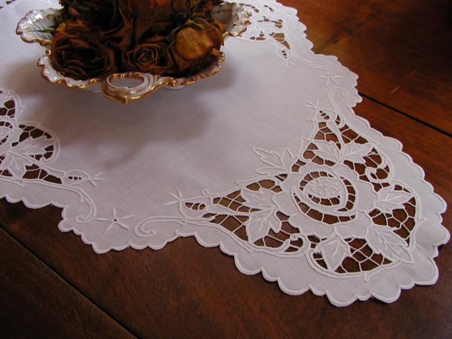 So fine and pretty table centre in cambric of linen with Richelieu embroidery