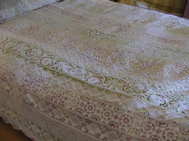 Masterpiece of bedspread in Cluny, filet, Reticella,point de Venise laces, 1880