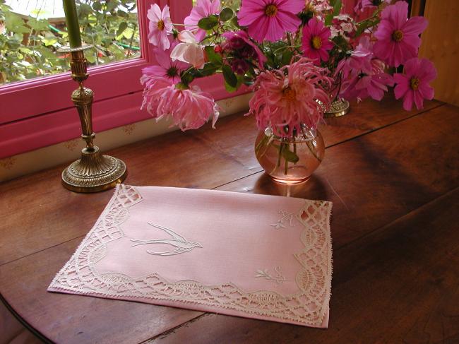 Gorgeous nightdress case in pink linen with appliqué of a dove and Cluny lace