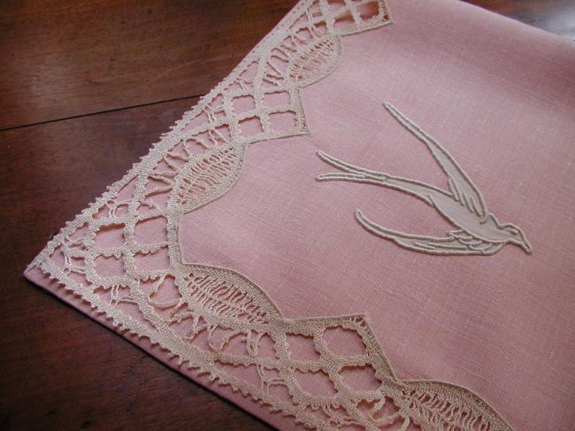 Gorgeous nightdress case in pink linen with appliqué of a dove and Cluny lace