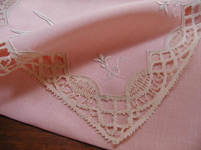 Gorgeous nightdress case in pink linen with appliqué of a dove and Cluny lace