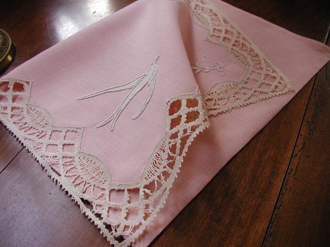 Gorgeous nightdress case in pink linen with appliqué of a dove and Cluny lace