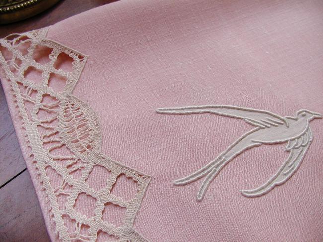 Gorgeous nightdress case in pink linen with appliqué of a dove and Cluny lace