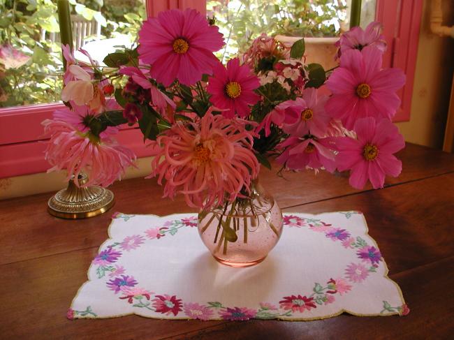 So sweet linen tray mat with hand made embroidered flowers in acidulous colors