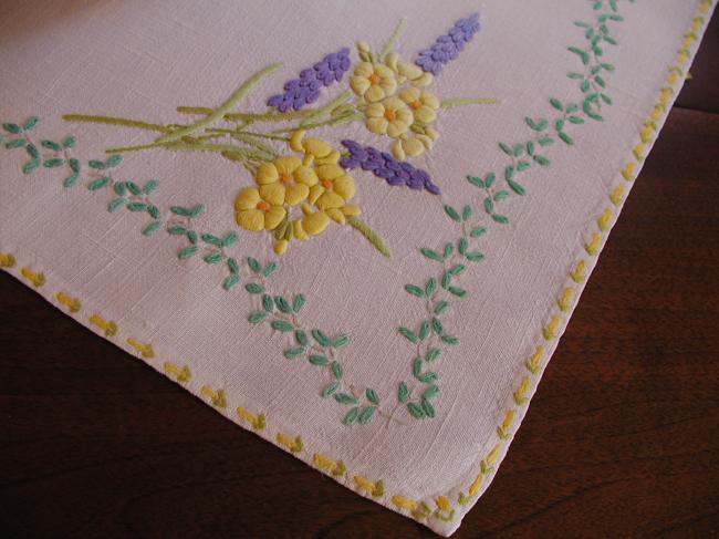 Gorgeous embroidered Muscaris and Narcissus flowers tray cloth