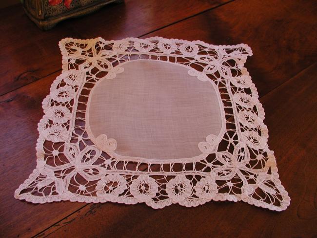 Gorgeous table centre in lawn with Battenburg lace edging 1900-20