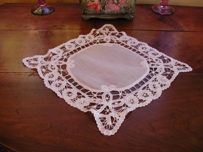 Gorgeous table centre in lawn with Battenburg lace edging 1900-20
