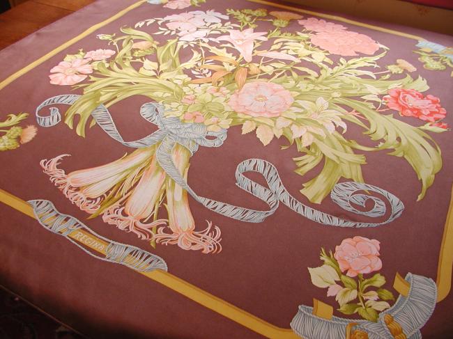 Authentic Vintage Hermes Scarf Regina with Brown Background and Lovely Colors