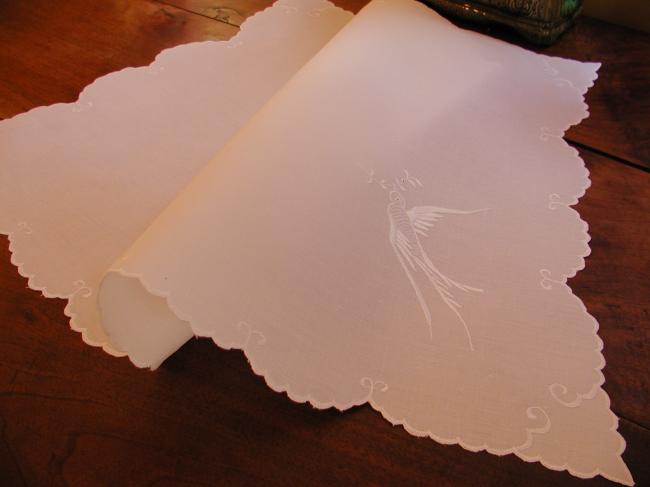 Superb small table runner with silk embroidered dove with an olive branch