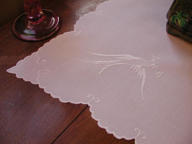 Superb small table runner with silk embroidered dove with an olive branch