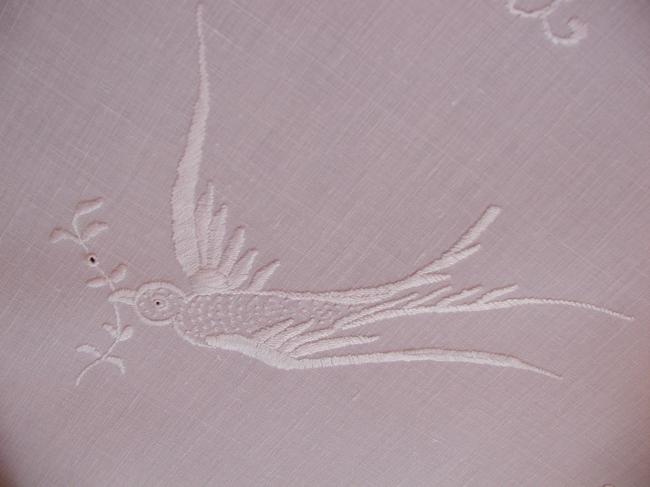 Superb small table runner with silk embroidered dove with an olive branch