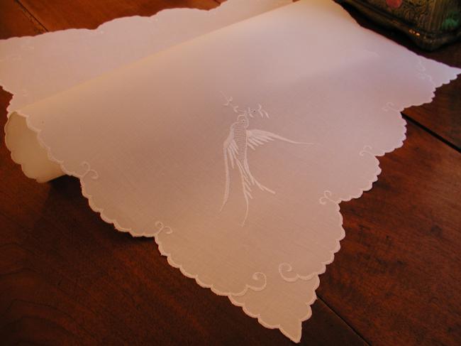 Superb small table runner with silk embroidered dove with an olive branch