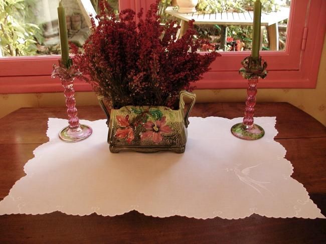 Superb small table runner with silk embroidered dove with an olive branch