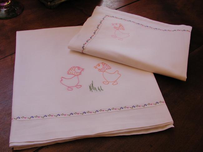 So cute set for baby cot with embroidered geese