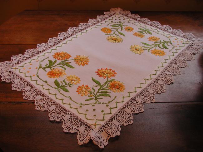Beautiful table centre with  gorgeous embroidered chrysanthemums & Cluny lace