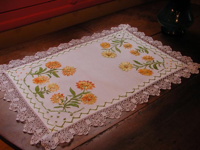 Beautiful table centre with  gorgeous embroidered chrysanthemums & Cluny lace
