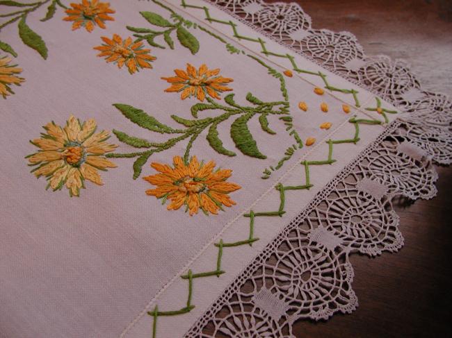 Beautiful table centre with  gorgeous embroidered chrysanthemums & Cluny lace
