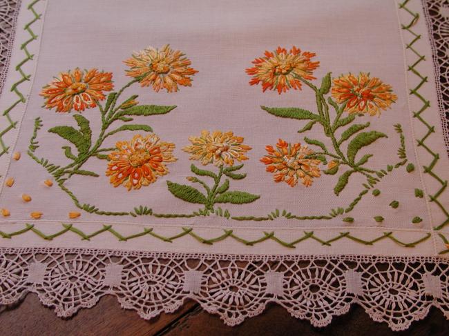 Beautiful table centre with  gorgeous embroidered chrysanthemums & Cluny lace